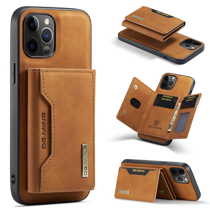"Elegant 2-i-1 läderplånboksfodral för smartphones, frontvy. Stil, funktion, åtta kortplatser, magnetiskt säker."