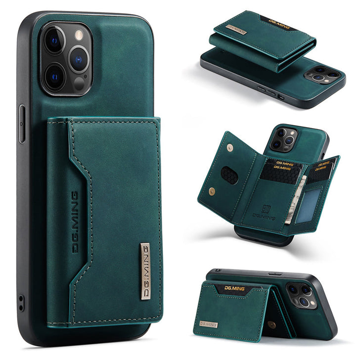 "Elegant 2-i-1 läderplånboksfodral för smartphones, frontvy. Stil, funktion, åtta kortplatser, magnetiskt säker."