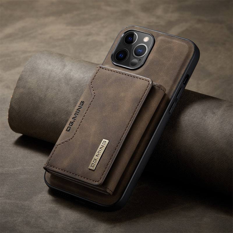 "Elegant 2-i-1 läderplånboksfodral för smartphones, frontvy. Stil, funktion, åtta kortplatser, magnetiskt säker."