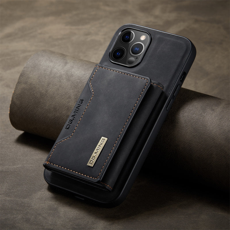 "Elegant 2-i-1 läderplånboksfodral för smartphones, frontvy. Stil, funktion, åtta kortplatser, magnetiskt säker."
