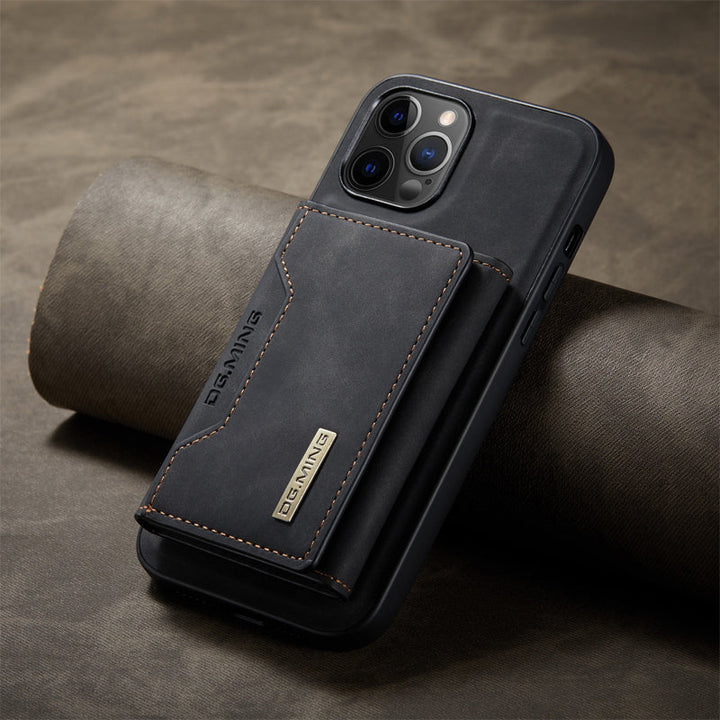 "Elegant 2-i-1 läderplånboksfodral för smartphones, frontvy. Stil, funktion, åtta kortplatser, magnetiskt säker."