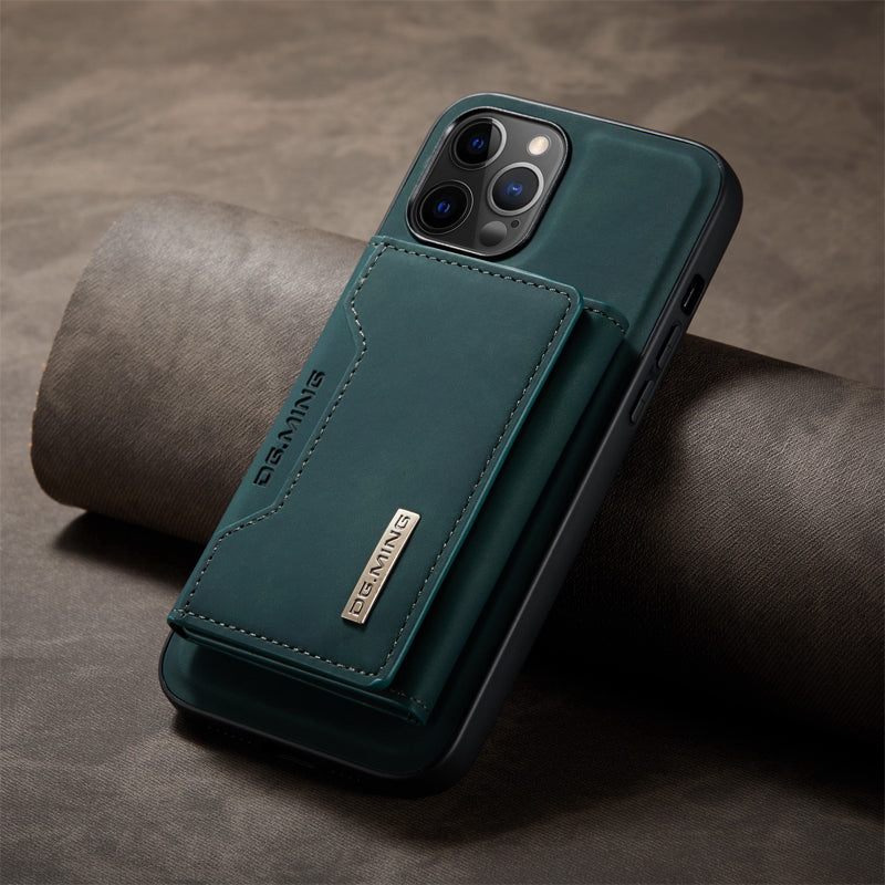 "Elegant 2-i-1 läderplånboksfodral för smartphones, frontvy. Stil, funktion, åtta kortplatser, magnetiskt säker."