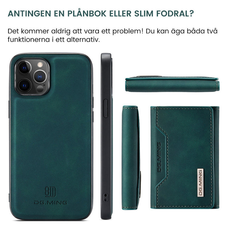 "Elegant 2-i-1 läderplånboksfodral för smartphones, frontvy. Stil, funktion, åtta kortplatser, magnetiskt säker."
