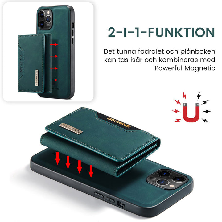 "Elegant 2-i-1 läderplånboksfodral för smartphones, frontvy. Stil, funktion, åtta kortplatser, magnetiskt säker."