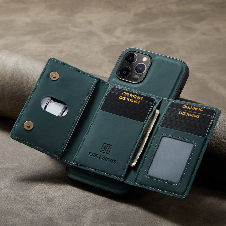 "Elegant 2-i-1 läderplånboksfodral för smartphones, frontvy. Stil, funktion, åtta kortplatser, magnetiskt säker."