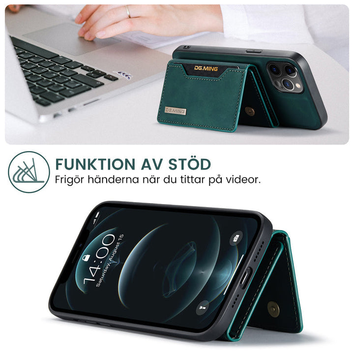 "Elegant 2-i-1 läderplånboksfodral för smartphones, frontvy. Stil, funktion, åtta kortplatser, magnetiskt säker."
