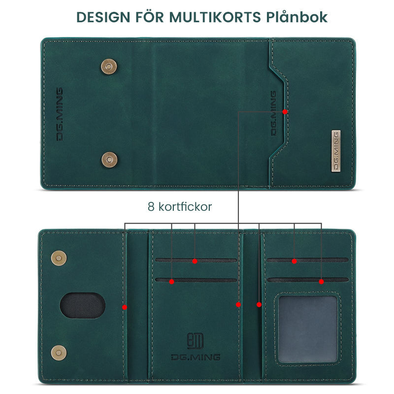 "Elegant 2-i-1 läderplånboksfodral för smartphones, frontvy. Stil, funktion, åtta kortplatser, magnetiskt säker."