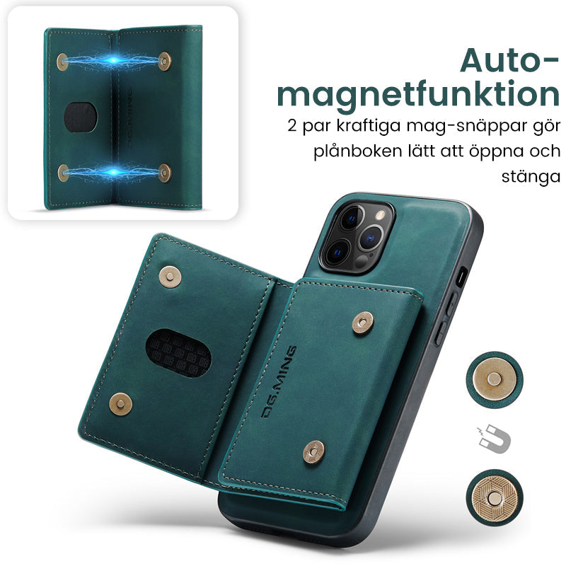 "Elegant 2-i-1 läderplånboksfodral för smartphones, frontvy. Stil, funktion, åtta kortplatser, magnetiskt säker."