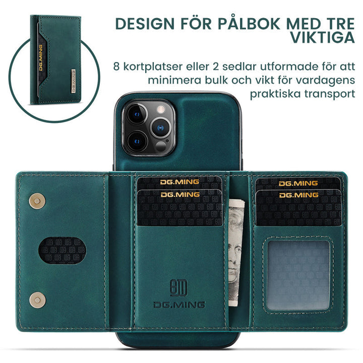 "Elegant 2-i-1 läderplånboksfodral för smartphones, frontvy. Stil, funktion, åtta kortplatser, magnetiskt säker."