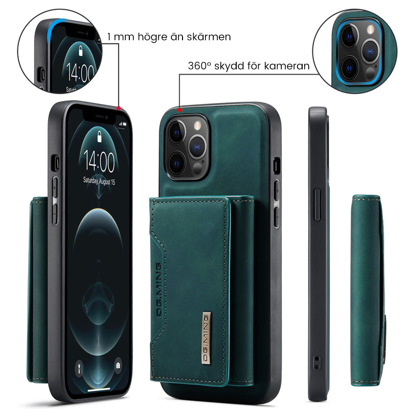 "Elegant 2-i-1 läderplånboksfodral för smartphones, frontvy. Stil, funktion, åtta kortplatser, magnetiskt säker."