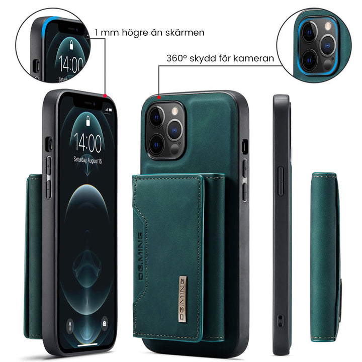 "Elegant 2-i-1 läderplånboksfodral för smartphones, frontvy. Stil, funktion, åtta kortplatser, magnetiskt säker."