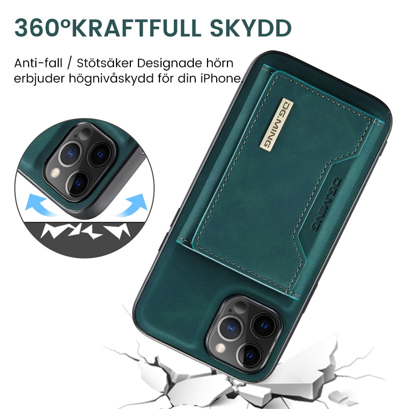 "Elegant 2-i-1 läderplånboksfodral för smartphones, frontvy. Stil, funktion, åtta kortplatser, magnetiskt säker."