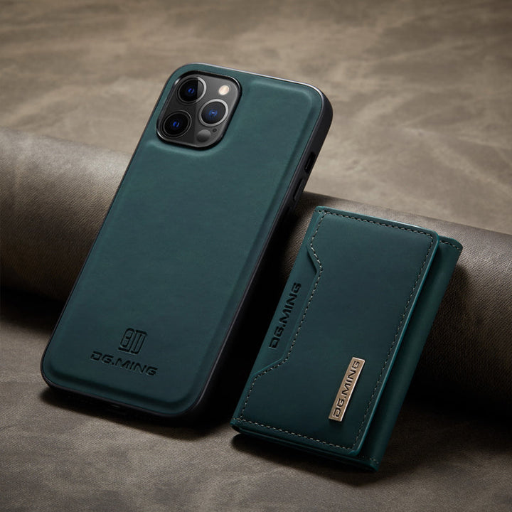 "Elegant 2-i-1 läderplånboksfodral för smartphones, frontvy. Stil, funktion, åtta kortplatser, magnetiskt säker."