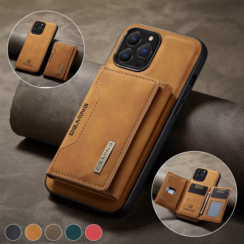 "Elegant 2-i-1 läderplånboksfodral för smartphones, frontvy. Stil, funktion, åtta kortplatser, magnetiskt säker."