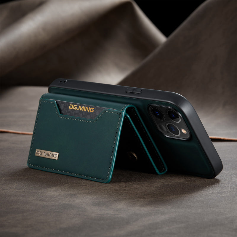 "Elegant 2-i-1 läderplånboksfodral för smartphones, frontvy. Stil, funktion, åtta kortplatser, magnetiskt säker."