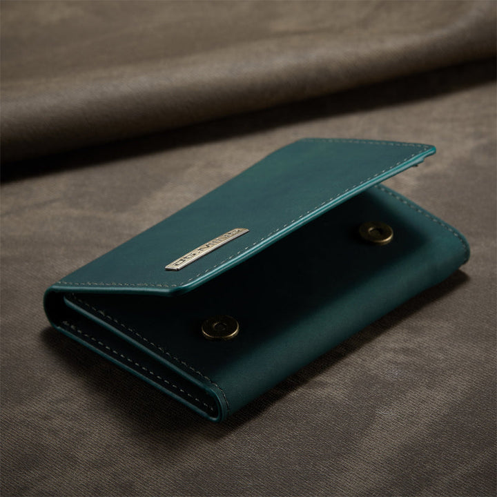 "Elegant 2-i-1 läderplånboksfodral för smartphones, frontvy. Stil, funktion, åtta kortplatser, magnetiskt säker."