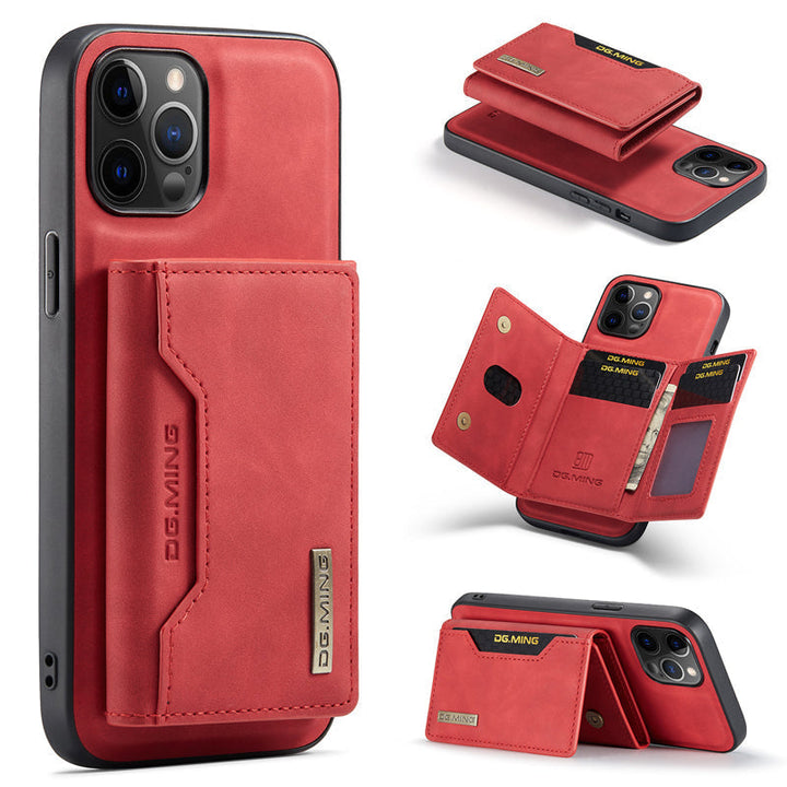 "Elegant 2-i-1 läderplånboksfodral för smartphones, frontvy. Stil, funktion, åtta kortplatser, magnetiskt säker."