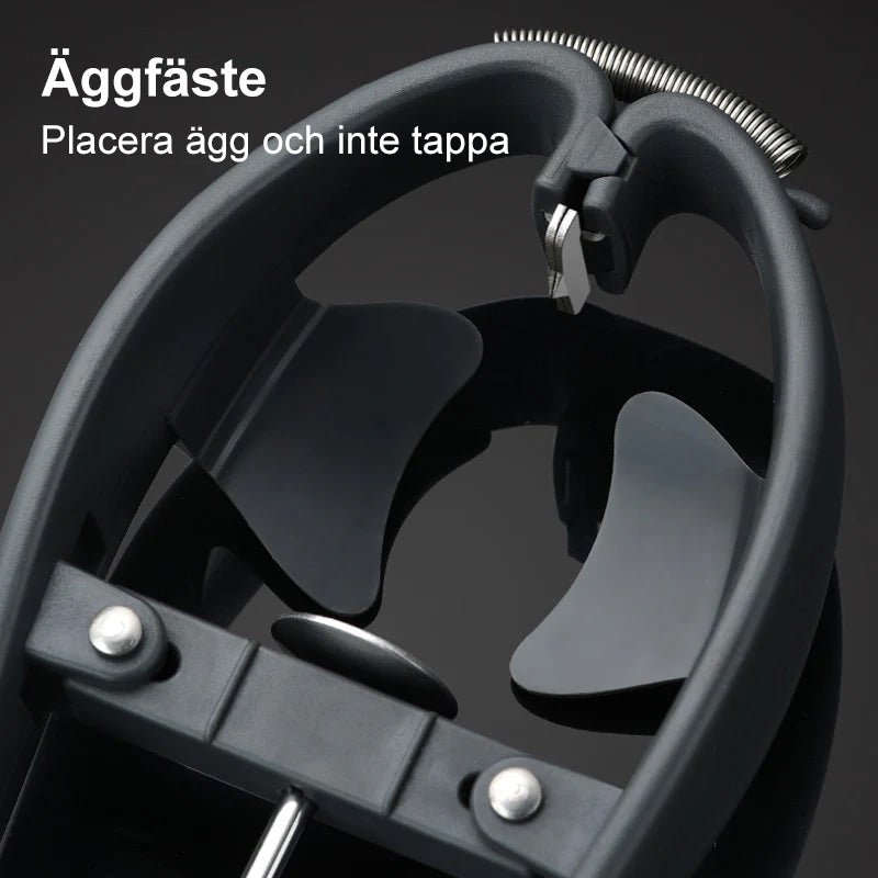 "Elegant 2-i-1 rostfri äggöppnare, glänsande finish, separerar äggula effektivt, praktiskt köksredskap, hållbart material."