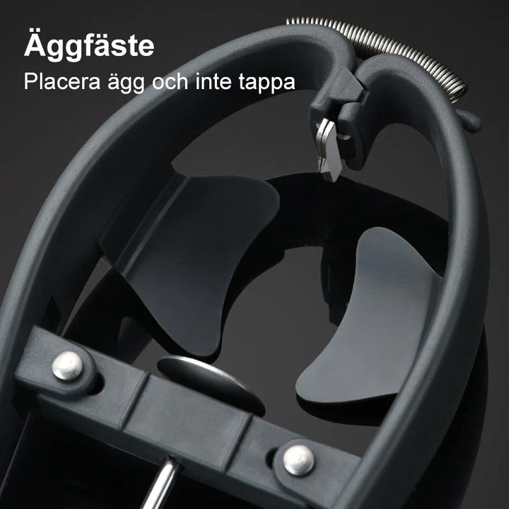 "Elegant 2-i-1 rostfri äggöppnare, glänsande finish, separerar äggula effektivt, praktiskt köksredskap, hållbart material."