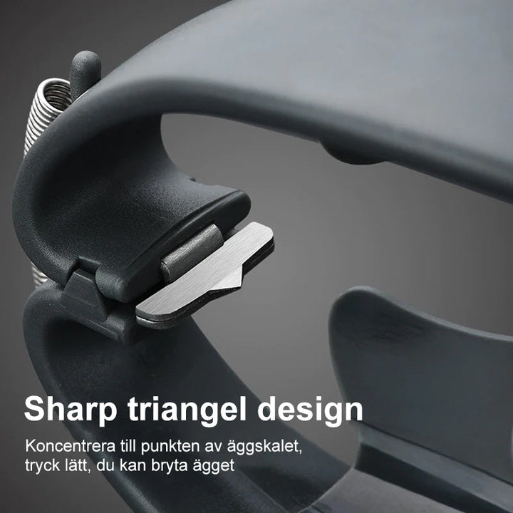 "Elegant 2-i-1 rostfri äggöppnare, glänsande finish, separerar äggula effektivt, praktiskt köksredskap, hållbart material."