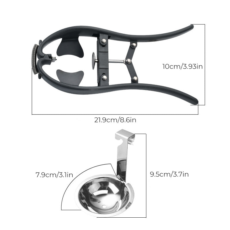 "Elegant 2-i-1 rostfri äggöppnare, glänsande finish, separerar äggula effektivt, praktiskt köksredskap, hållbart material."