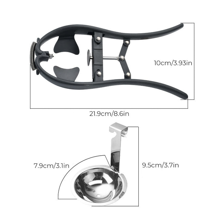 "Elegant 2-i-1 rostfri äggöppnare, glänsande finish, separerar äggula effektivt, praktiskt köksredskap, hållbart material."