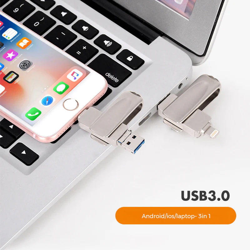 "Elegant 3-i-1 USB-minne i metall med flertal kontakter för iOS/Android, silverfärgad, enkel dataöverföring"