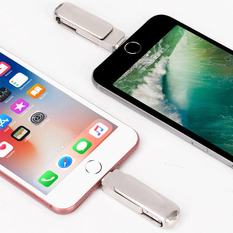 "Elegant 3-i-1 USB-minne i metall med flertal kontakter för iOS/Android, silverfärgad, enkel dataöverföring"