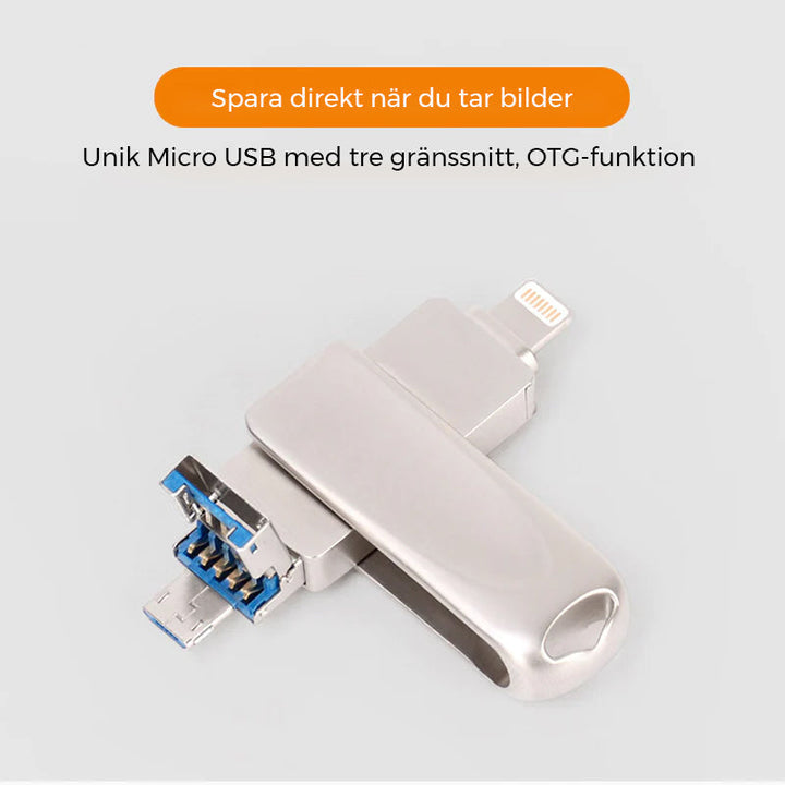 "Elegant 3-i-1 USB-minne i metall med flertal kontakter för iOS/Android, silverfärgad, enkel dataöverföring"