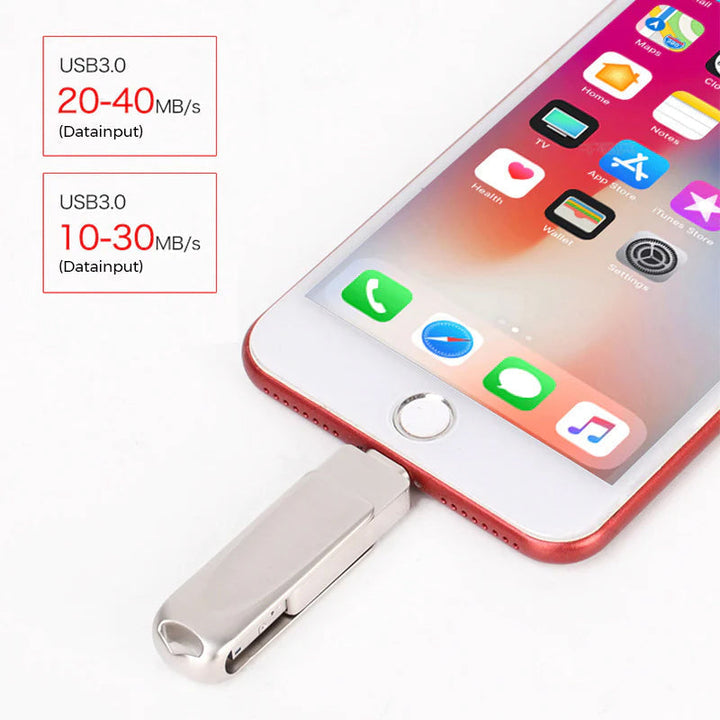 "Elegant 3-i-1 USB-minne i metall med flertal kontakter för iOS/Android, silverfärgad, enkel dataöverföring"