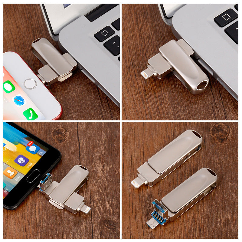 "Elegant 3-i-1 USB-minne i metall med flertal kontakter för iOS/Android, silverfärgad, enkel dataöverföring"