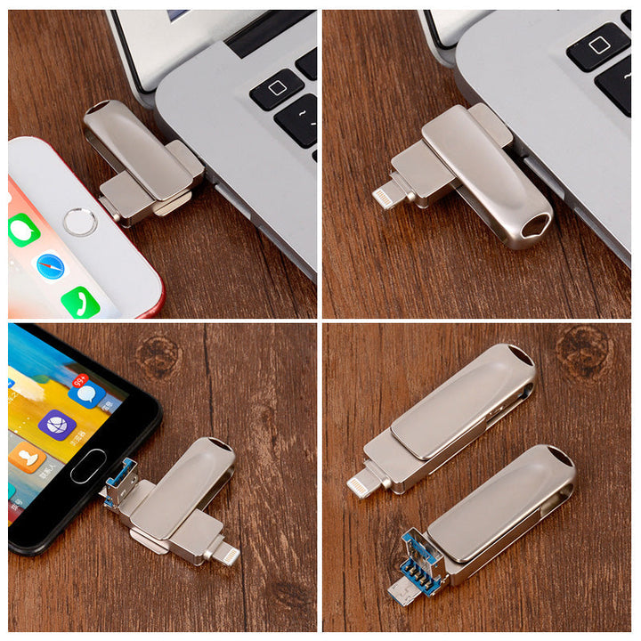 "Elegant 3-i-1 USB-minne i metall med flertal kontakter för iOS/Android, silverfärgad, enkel dataöverföring"