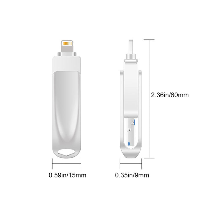"Elegant 3-i-1 USB-minne i metall med flertal kontakter för iOS/Android, silverfärgad, enkel dataöverföring"