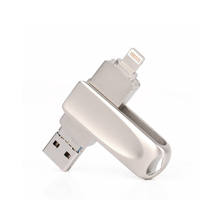 "Elegant 3-i-1 USB-minne i metall med flertal kontakter för iOS/Android, silverfärgad, enkel dataöverföring"