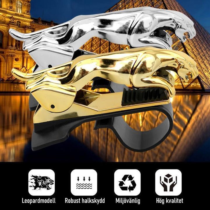 "Elegant 360-graders roterande telefonhållare med leoparddesign, justerbara vinklar och silikonplatta för skydd i bil."
