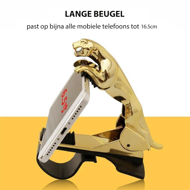 "Elegant 360-graders roterande telefonhållare med leoparddesign, justerbara vinklar och silikonplatta för skydd i bil."