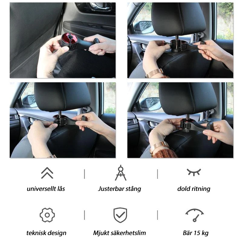 "Elegant 360° roterande bilkrok i ABS och silikon för nackstöd, bilinteriör, maxvikt 10 kg, minimal design"