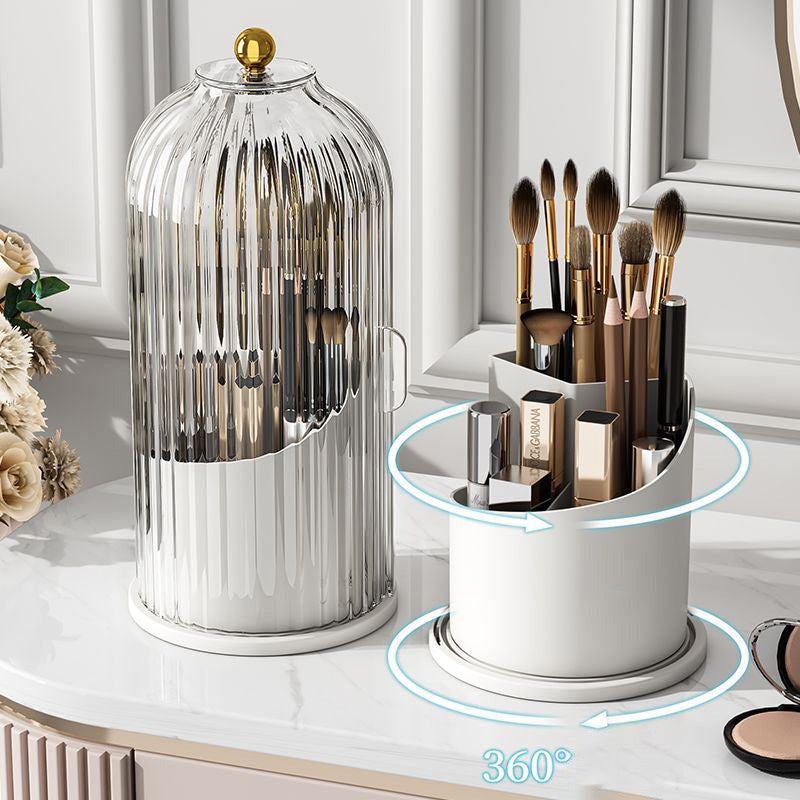 "Elegant 360° roterande makeupborstorganizator i PP+ABS med flera fack för sminkborstar, perfekt för skönhetsordning."