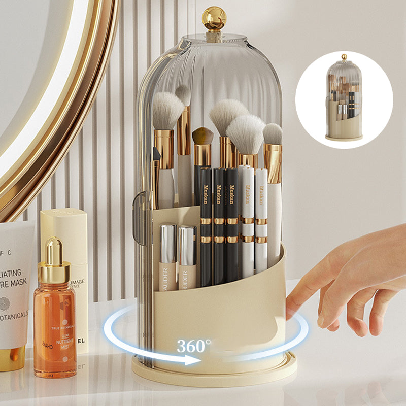 "Elegant 360° roterande makeupborstorganizator i PP+ABS med flera fack för sminkborstar, perfekt för skönhetsordning."