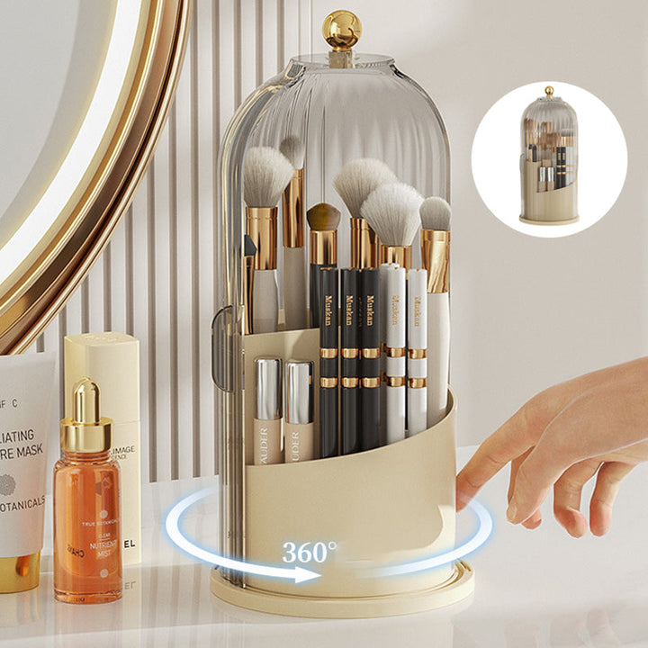 "Elegant 360° roterande makeupborstorganizator i PP+ABS med flera fack för sminkborstar, perfekt för skönhetsordning."