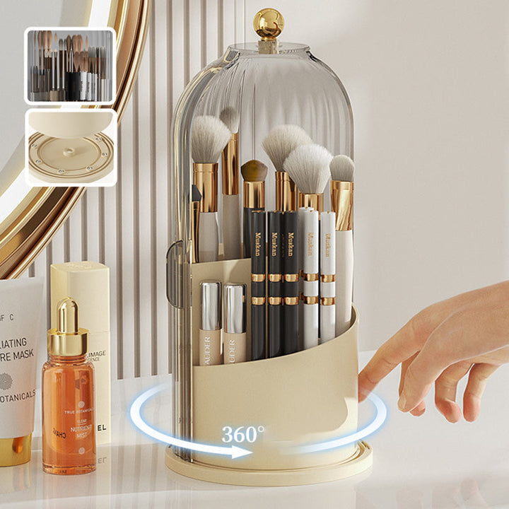 "Elegant 360° roterande makeupborstorganizator i PP+ABS med flera fack för sminkborstar, perfekt för skönhetsordning."