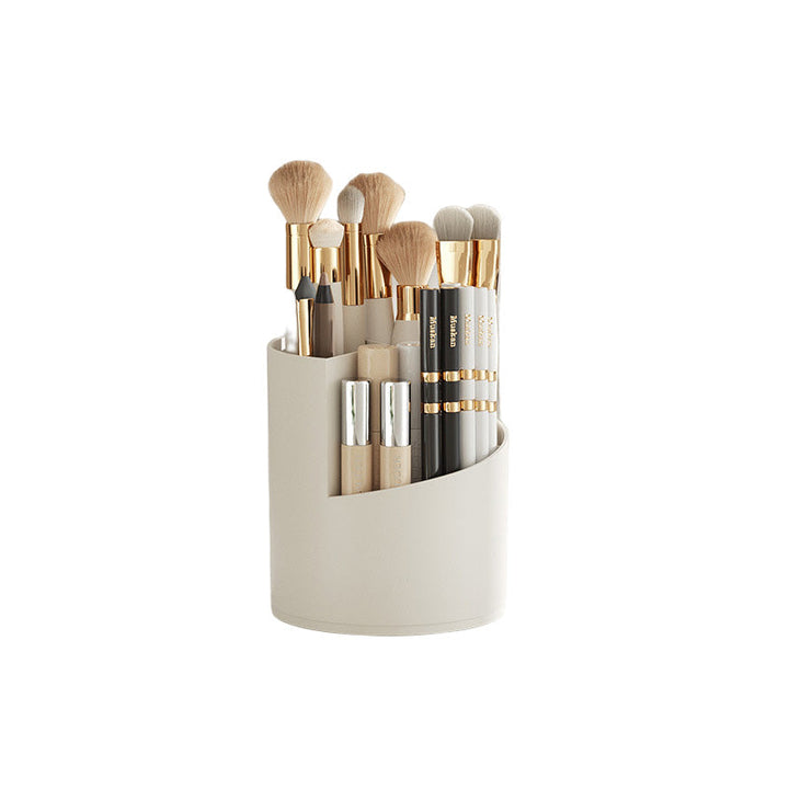 "Elegant 360° roterande makeupborstorganizator i PP+ABS med flera fack för sminkborstar, perfekt för skönhetsordning."