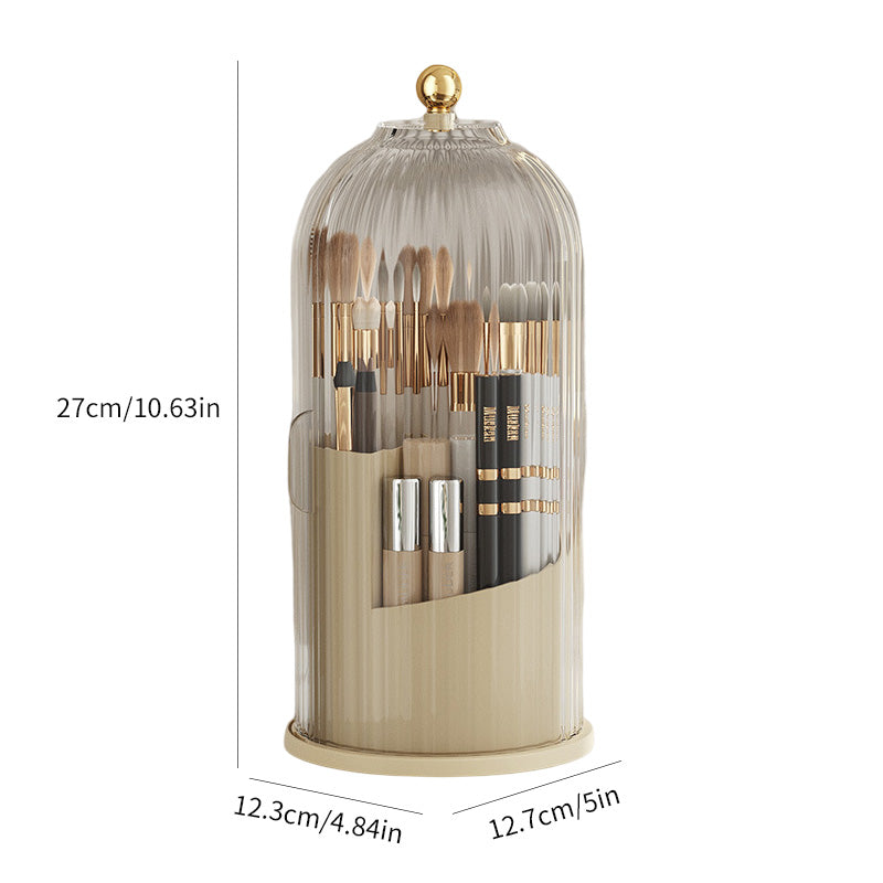 "Elegant 360° roterande makeupborstorganizator i PP+ABS med flera fack för sminkborstar, perfekt för skönhetsordning."