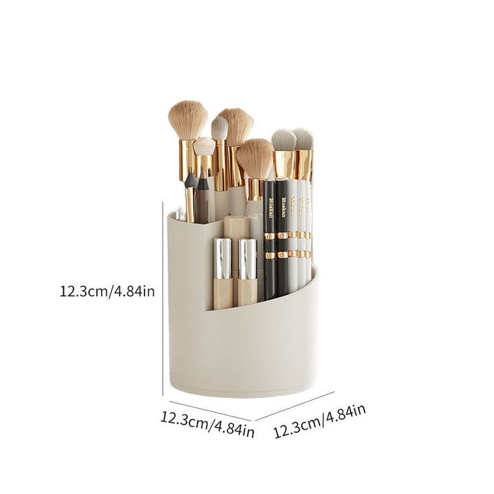 "Elegant 360° roterande makeupborstorganizator i PP+ABS med flera fack för sminkborstar, perfekt för skönhetsordning."