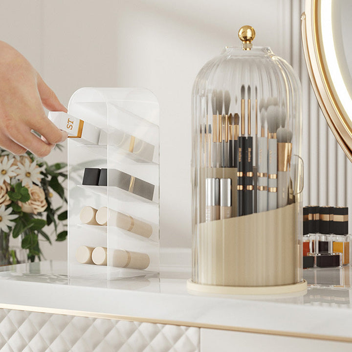 "Elegant 360° roterande makeupborstorganizator i PP+ABS med flera fack för sminkborstar, perfekt för skönhetsordning."