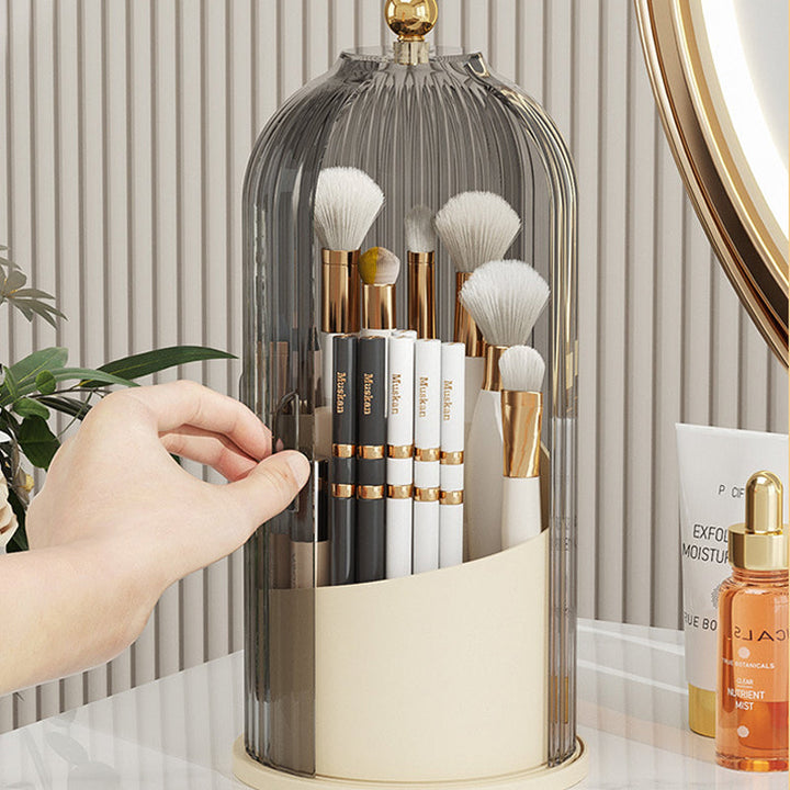 "Elegant 360° roterande makeupborstorganizator i PP+ABS med flera fack för sminkborstar, perfekt för skönhetsordning."