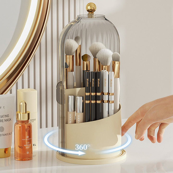 "Elegant 360° roterande makeupborstorganizator i PP+ABS med flera fack för sminkborstar, perfekt för skönhetsordning."