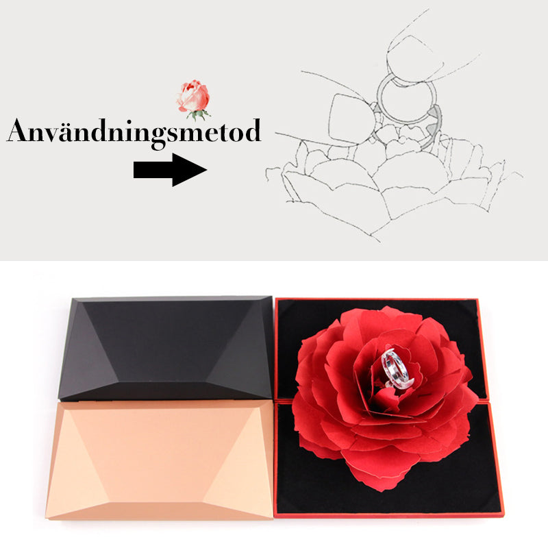 "Elegant 3D ros ringbox för speciella tillfällen, röd blomma med unik design, perfekt present för bröllop och förlovningar."