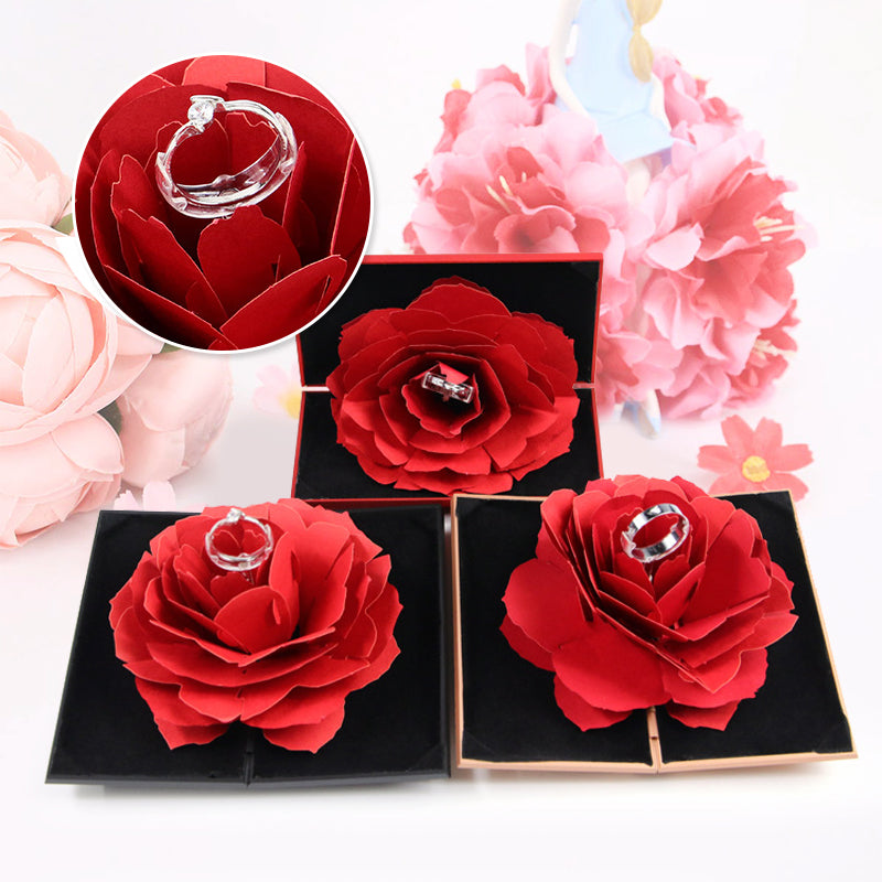 "Elegant 3D ros ringbox för speciella tillfällen, röd blomma med unik design, perfekt present för bröllop och förlovningar."