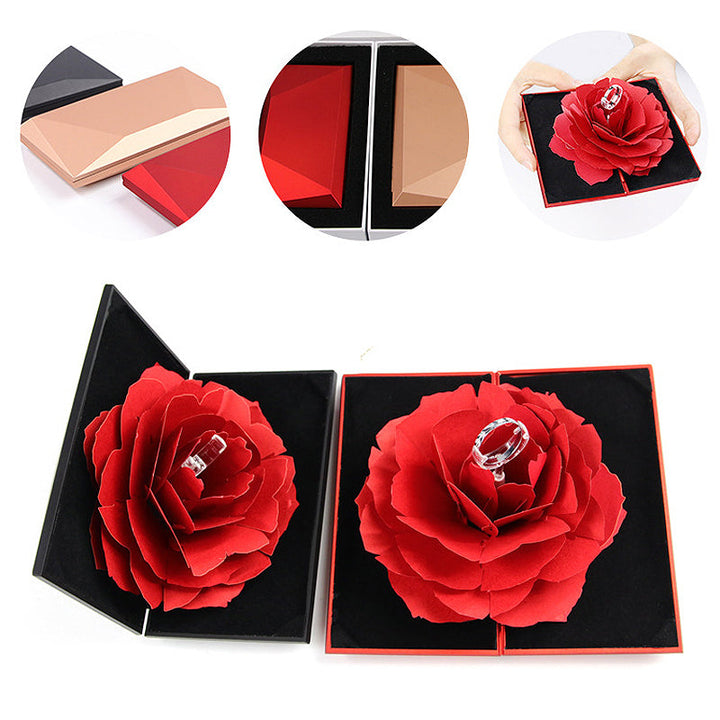 "Elegant 3D ros ringbox för speciella tillfällen, röd blomma med unik design, perfekt present för bröllop och förlovningar."